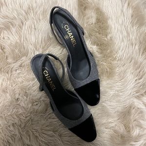 CHANEL tweed slingback with velvet cap toe size 38.5